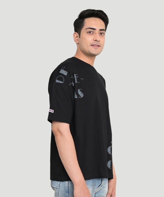 Men's Black Typography Half Sleeves Oversized Fit T-Shirt