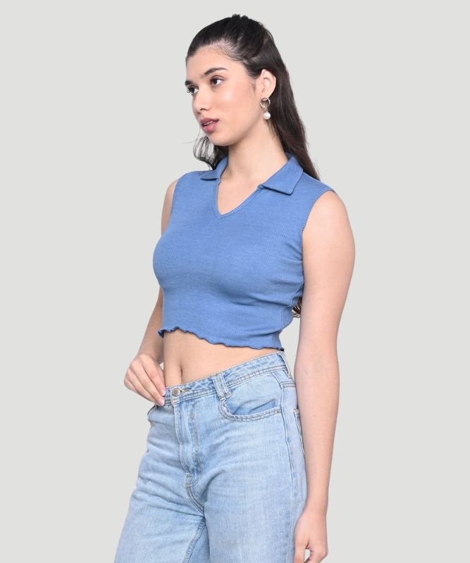 Women's Blue Solid Sleeveless Regular Fit Top